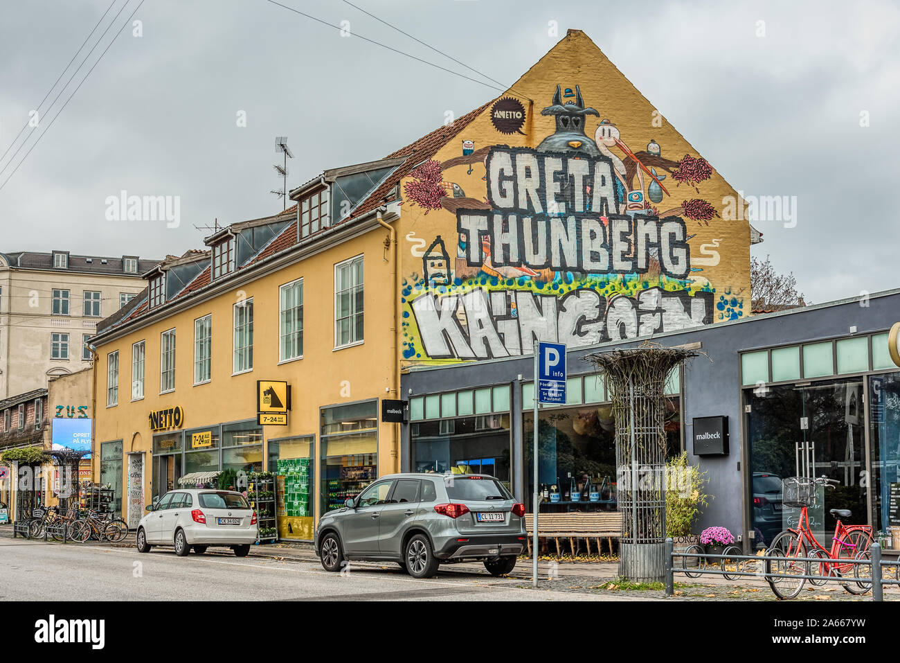 Greta Thunberg, un banner di supporto del 16 anni attivista sul clima di Copenaghen, 22 Ottobre 2019 Foto Stock