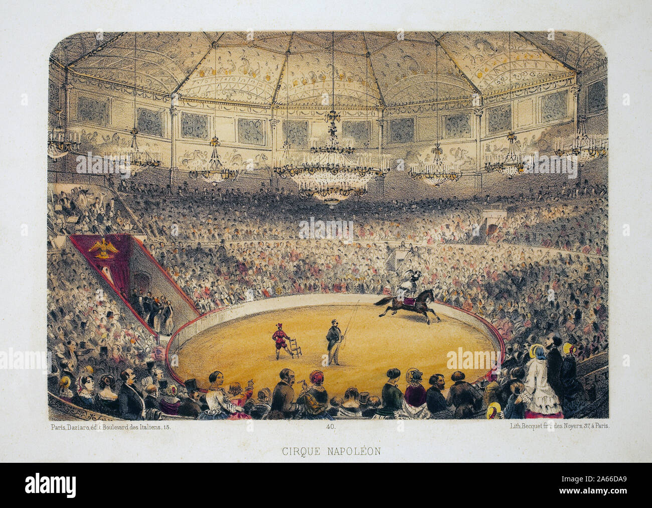 Cirque Napoleone (attuale Cirque d'hiver, Rue Amelot PARIS). Lithographie aquarellee, illustrazione de E.de la Tramblaiz, in 'Album, Souvenir de Paris " Foto Stock