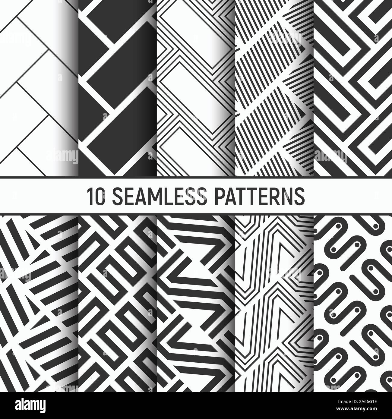 Set di dieci monocromatico modelli senza giunture. Geometrico astratto vettore alla moda sfondi. Design di moda. Ripetizione piastrelle geometriche. Illustrazione Vettoriale