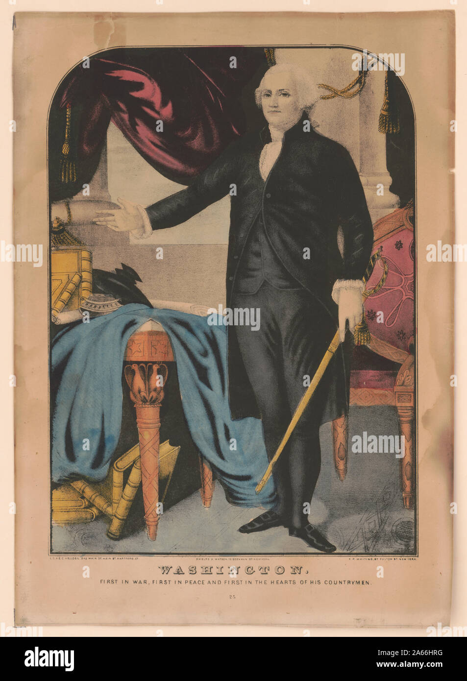 Washington. Prima in guerra, prima in pace e primo nei cuori dei suoi compatrioti Abstract: ritratto a figura intera di Washington gesti con il suo braccio destro verso la sua scrivania, dalla pittura da Gilbert Stuart. Foto Stock