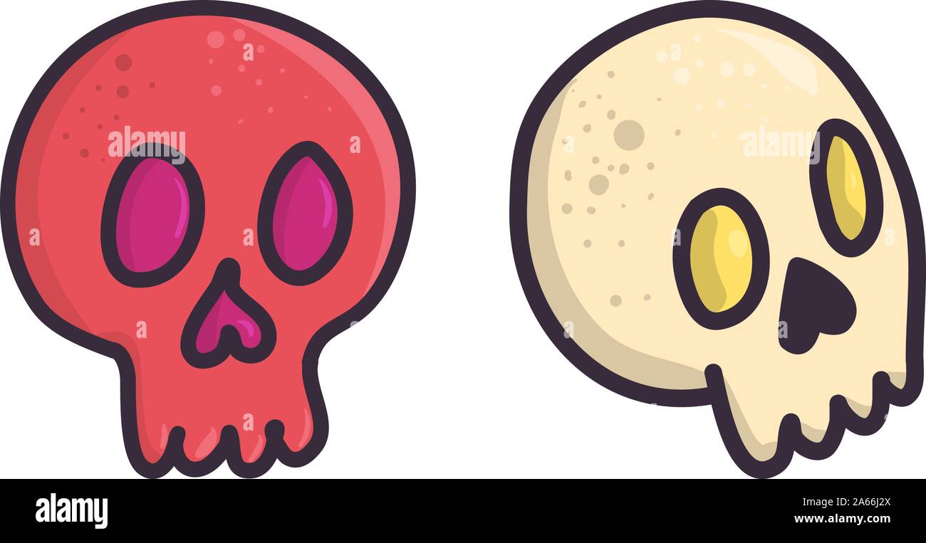 Set di due cranio nel doodle stile. L'elemento grafico la raccolta per il design di Halloween. Vector retrò disegnati a mano icone. Illustrazione Vettoriale
