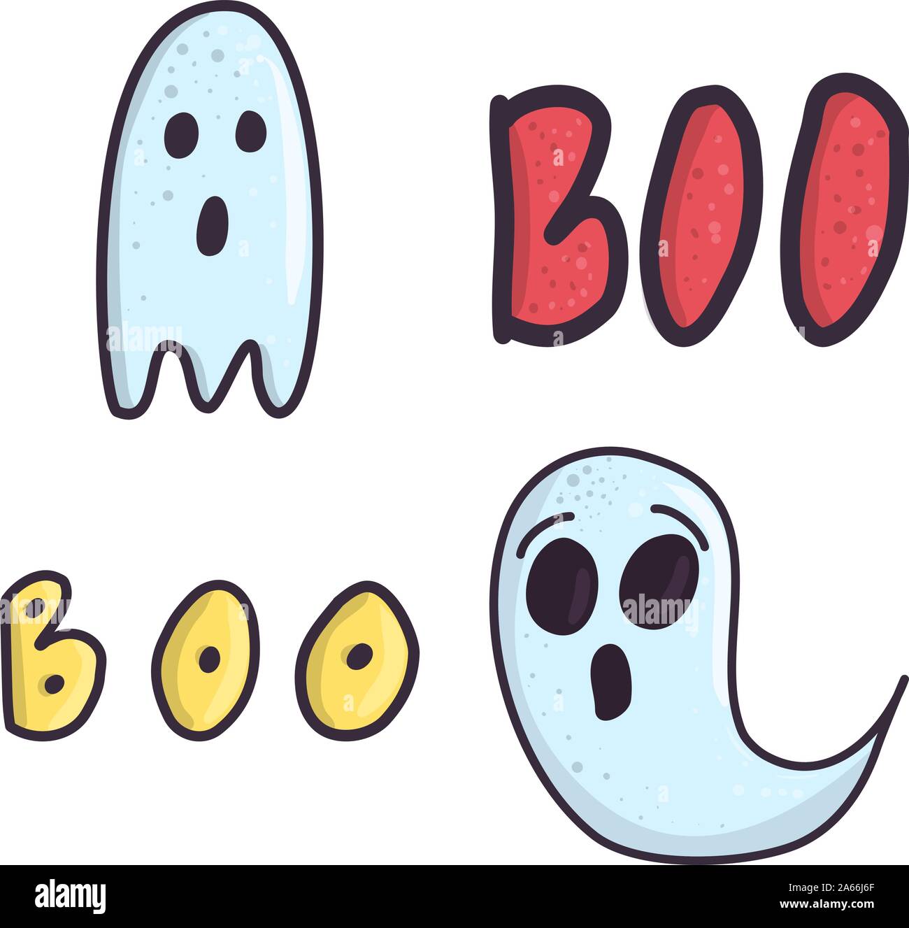 Isolato cartoon design vettoriali con set di ghost e boo lettering. Festa di Halloween monster icone. Appartamento spooky illustrazione. Illustrazione Vettoriale