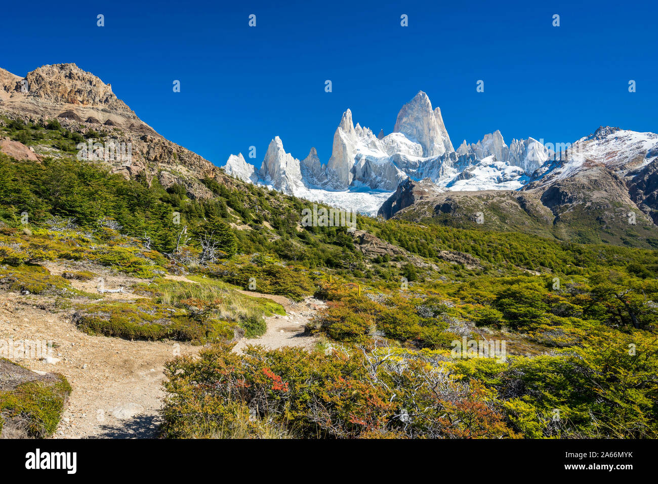 Fitz Roy montagna, Sendero al Fitz Roy, UNESCO, parco nazionale Los Glaciares, El Chalten, Santa Cruz Provincia, Argentina Foto Stock