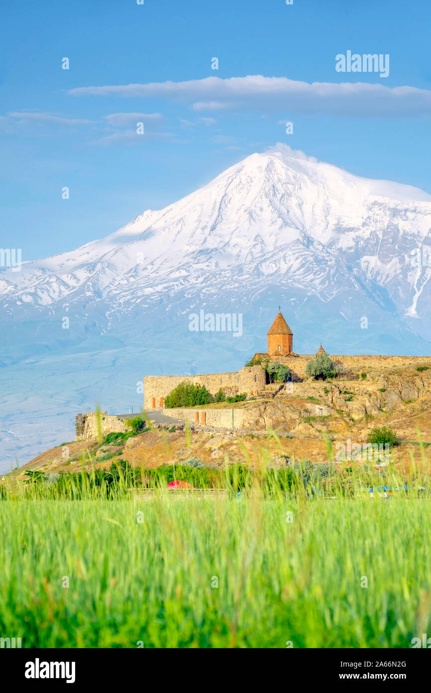Khor Virap monastero e il Monte Ararat, vicino Lusarat, Ararat Provincia, Armenia. Foto Stock