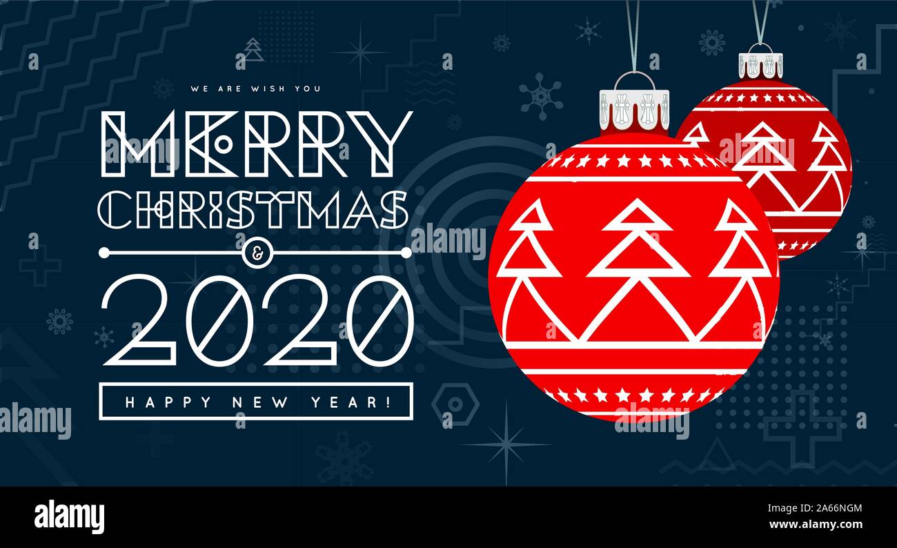 Congratulazioni per il Nuovo Anno 2020 e Natale con rosso palle di Natale con un design alla moda sullo sfondo. Memphis geometrica degli elementi di progettazione Illustrazione Vettoriale
