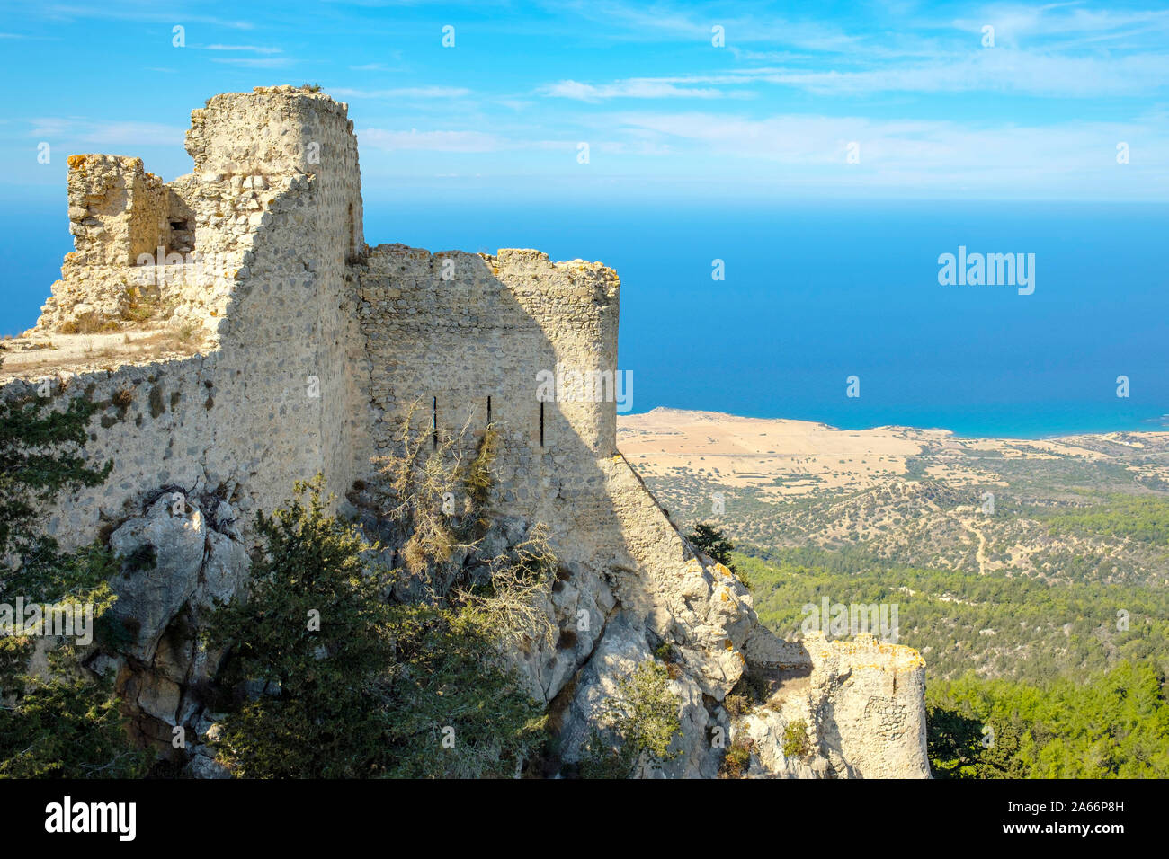 Il castello di Kantara, Bizantina castello crociato in Kyrenia montagne, Kaplica, Famagosta (Iskele) Distretto, Cipro (parte settentrionale di Cipro). Foto Stock