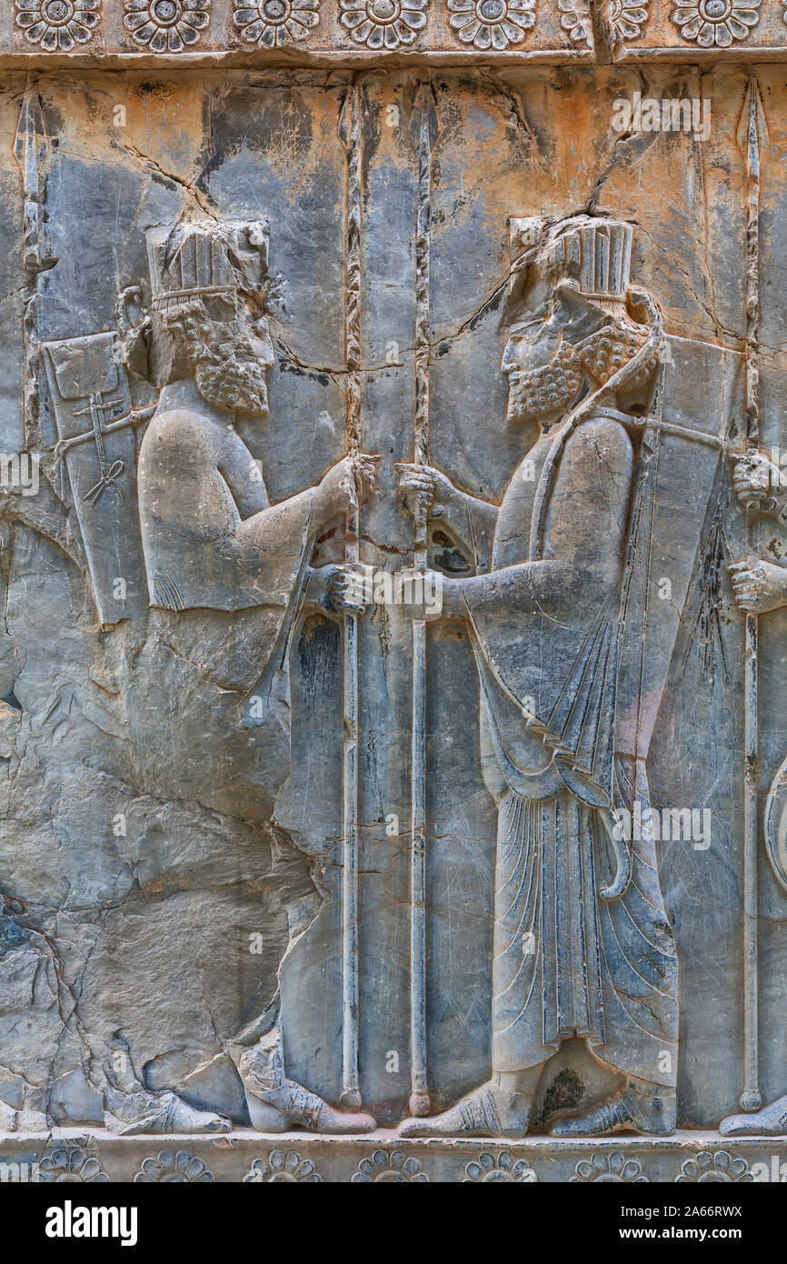 Rilievo, Palazzo Apadana, Persepolis, il cerimoniale di capitale dell impero Achemenide, far Provincia, Iran Foto Stock