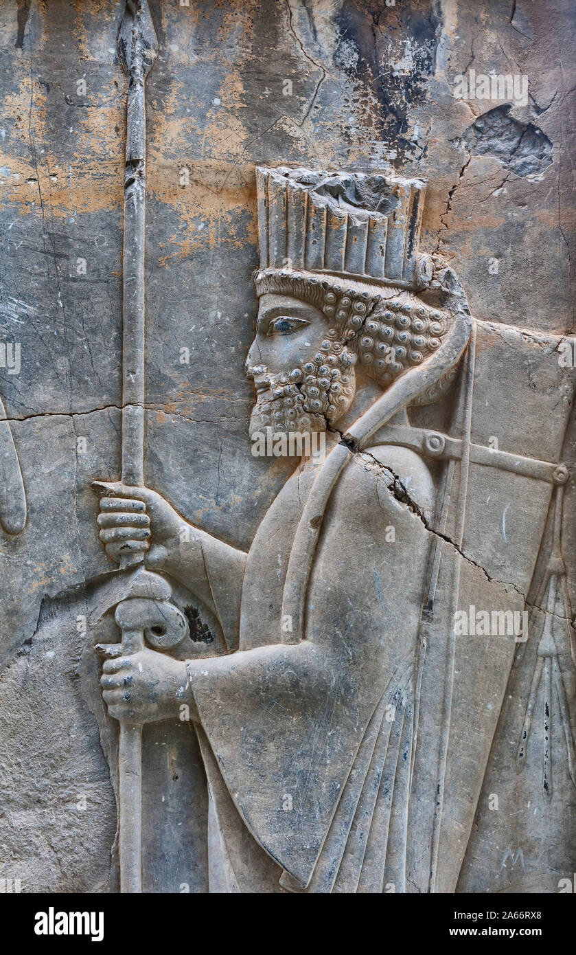 Rilievo, Palazzo Apadana, Persepolis, il cerimoniale di capitale dell impero Achemenide, far Provincia, Iran Foto Stock