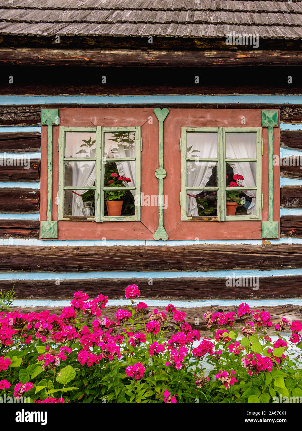 Capanna in Open Air Museum, vista dettagliata, Stara Lubovna, Regione di Presov, Slovacchia Foto Stock