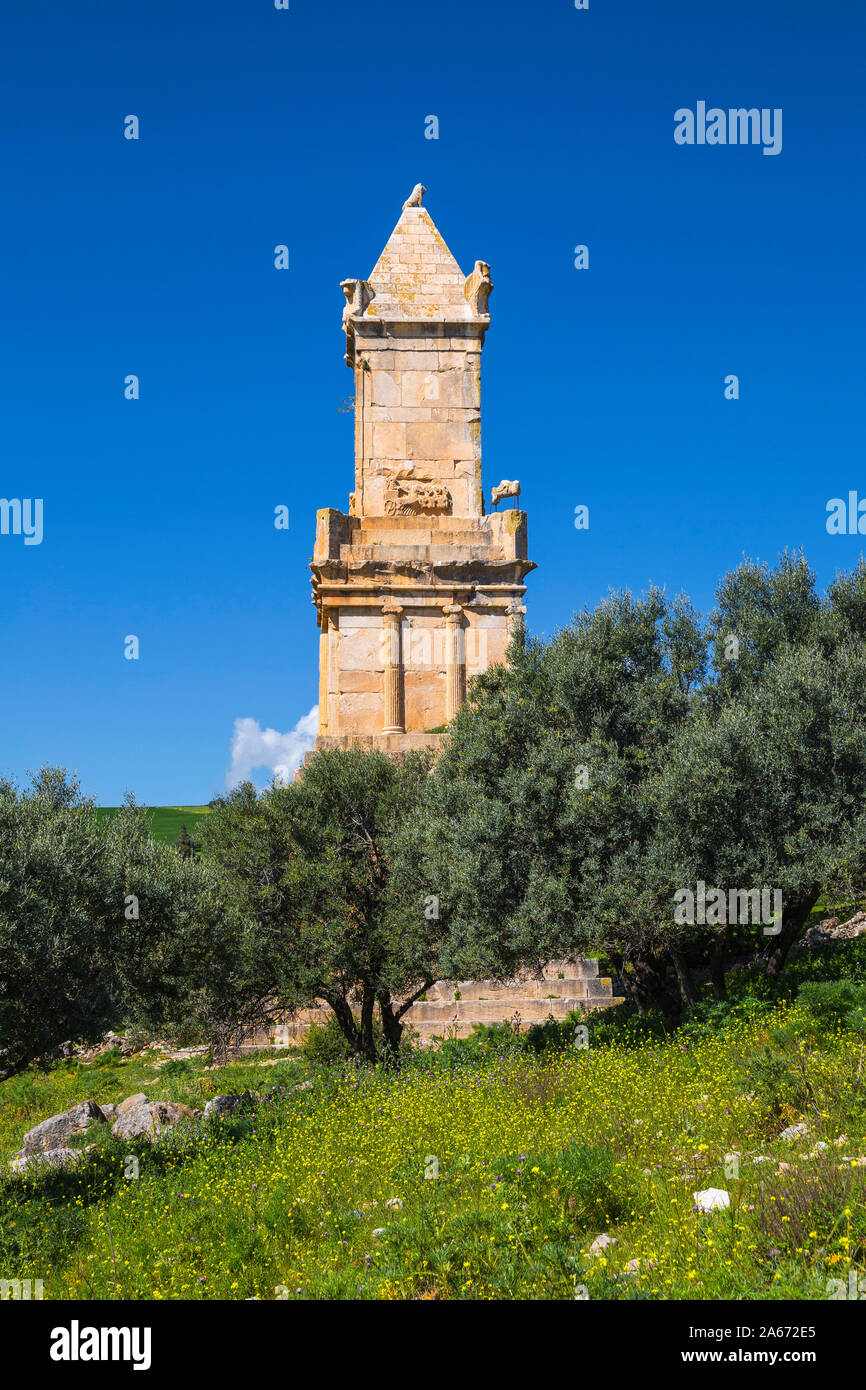 La Tunisia, Teboursouk, Dougga sito archeologico, Libyo-Punic Mausoleo, costruito nel II secolo A.C. un pre-monumento romano Foto Stock