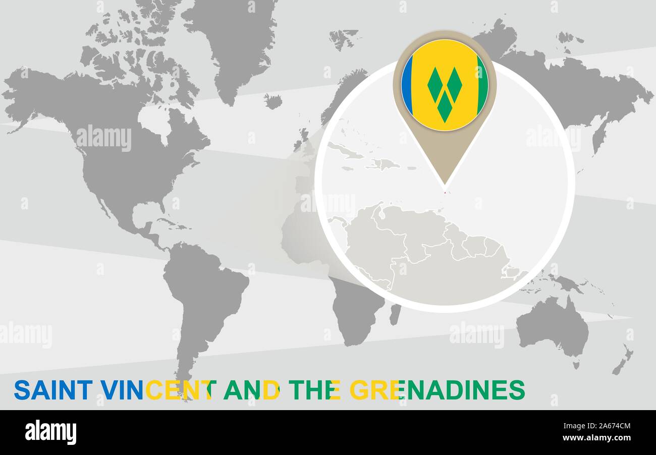 Mappa del mondo con ingrandito Saint Vincent e Grenadine. Saint Vincent