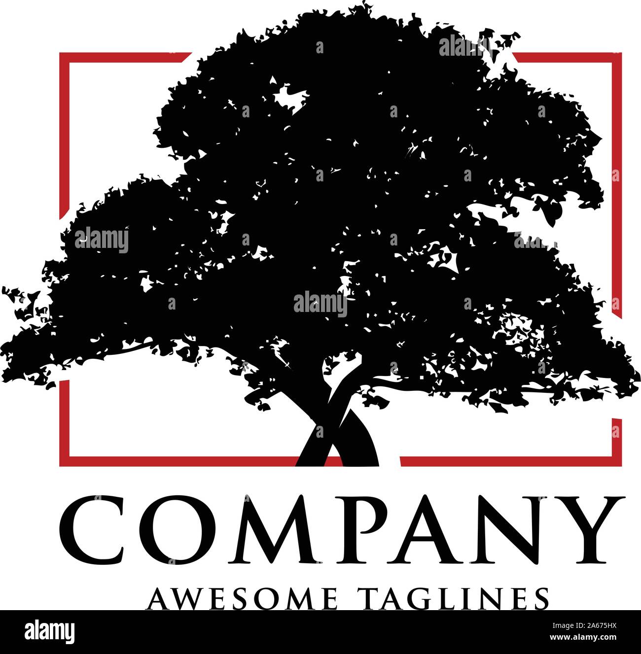 Oak tree logo illustrazione vettoriale. Vector silhouette di un albero con il quadrato di sfondo di linea Illustrazione Vettoriale