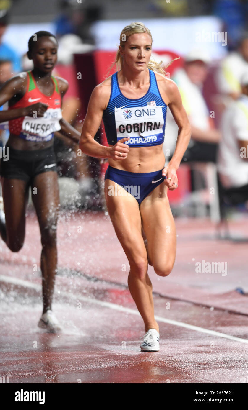 Emma Coburn (USA). 3000 metri di siepi donne, riscalda. IAAF mondiale di atletica, Doha 2019 Foto Stock