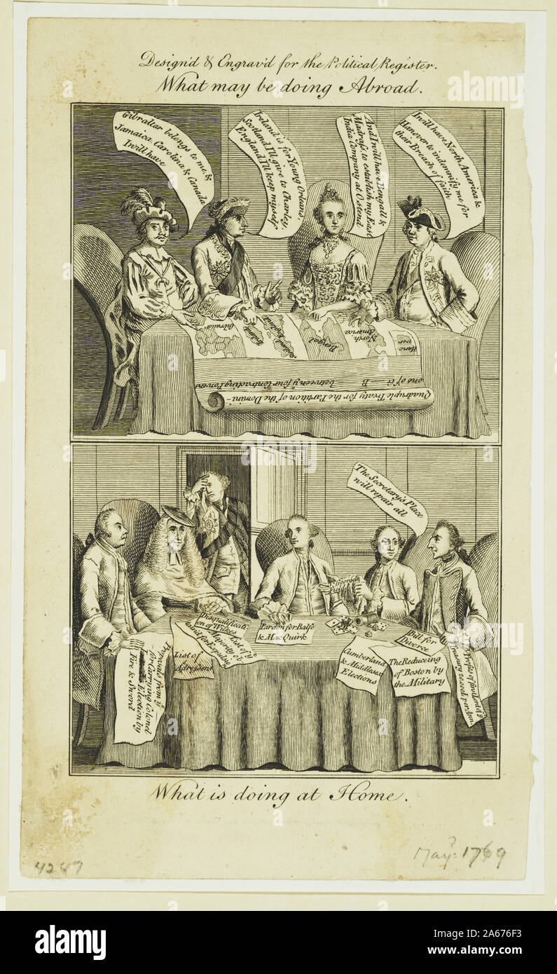 Che cosa può fare all'estero - cosa sta facendo a casa Abstract: Stampa Mostra simultanea di due scene, sulla parte superiore, il Re di Spagna, la Francia e la Prussia e la regina Maria Teresa ritagliarsi porzioni dell'impero britannico per se stessi, mentre sul fondo, membri del duca di Grafton il ministero contrattare sui conflitti interni e problemi con le colonie in America; dietro i suoi ministri, George III si trova in un portale piangendo. Foto Stock