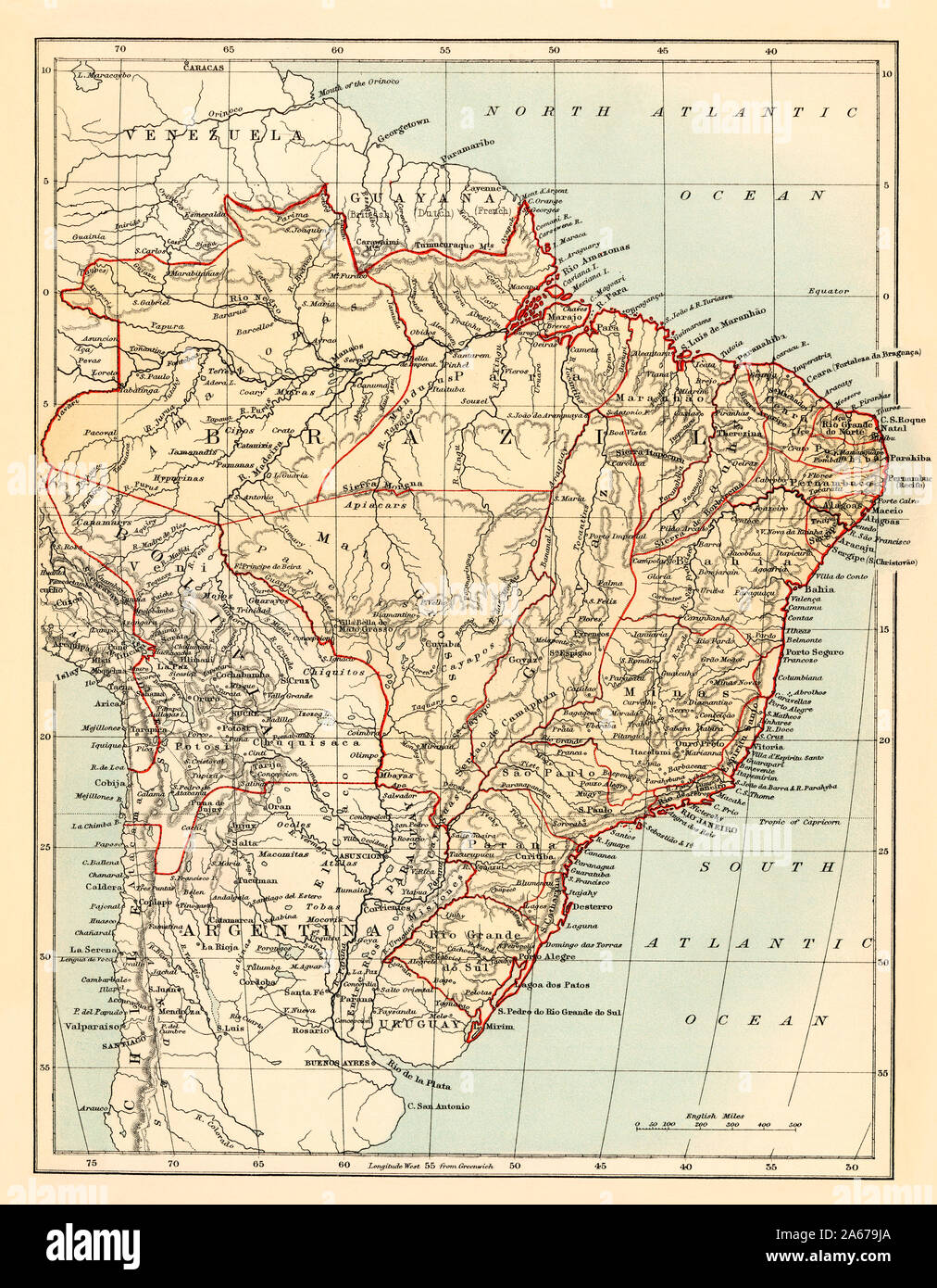 Mappa di Brasile, 1870s. Litografia a colori Foto Stock