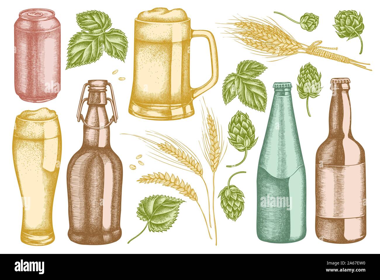 Set di vettore di disegnato a mano di segale pastello, hop, tazza di birra, le bottiglie di birra, alluminio può stock illustrazione Illustrazione Vettoriale