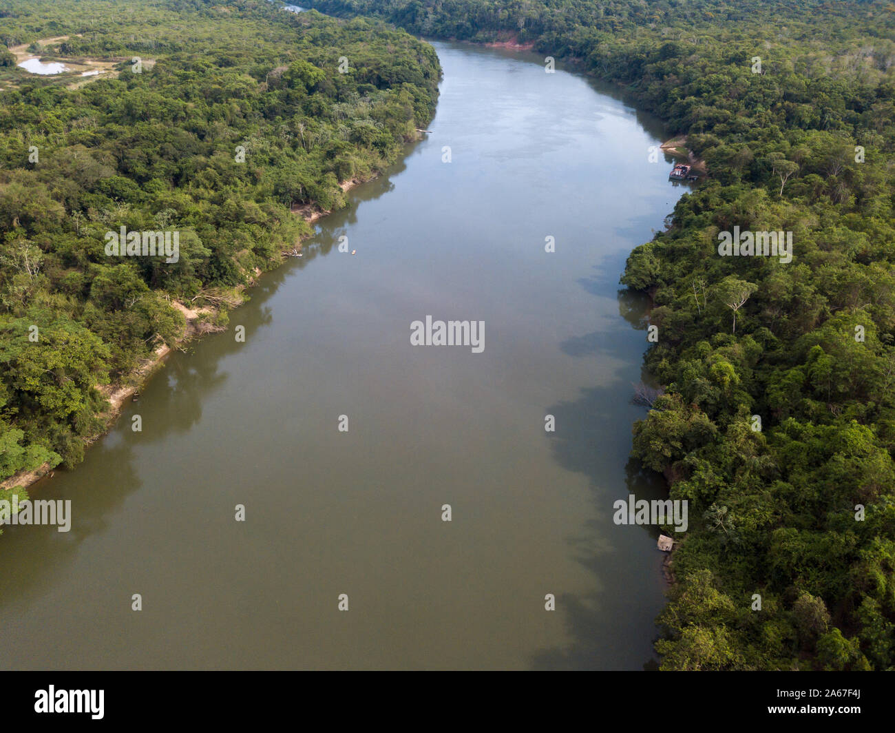 Antenna di bella vista drone di Rio Teles Pires e la foresta pluviale amazzonica sulla soleggiata giornata estiva nei pressi di Sinop city, Mato Grosso, Brasile. Concetto di clima chan Foto Stock