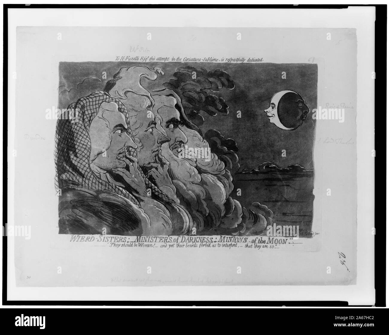 Wierd sorelle; ministro[sic] delle tenebre; tirapiedi del luna Abstract: il primo ministro William Pitt e subordinato ministri Dundas e Thurlow raffigurato come le streghe da Macbeth, contemplando una luna compresa di profili di Queen Charlotte e King George III. Foto Stock
