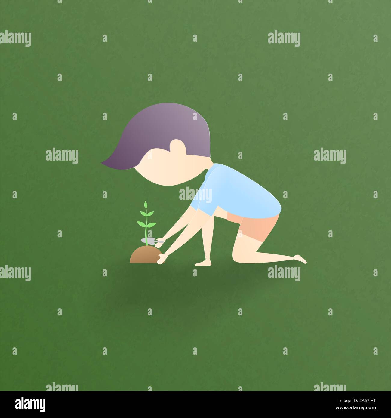 La natura e la conservazione ambientale concetto. Un ragazzo di piantare un albero su sfondo verde. Illustrazione Vettoriale per poster, sfondo, sfondo, banner, Illustrazione Vettoriale