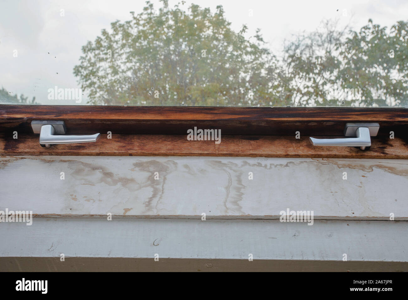 In legno antico telaio di finestra con stampo sporco e rotto dentro una vecchia casa, ha bisogno di qualche lavoro di ristrutturazione Foto Stock