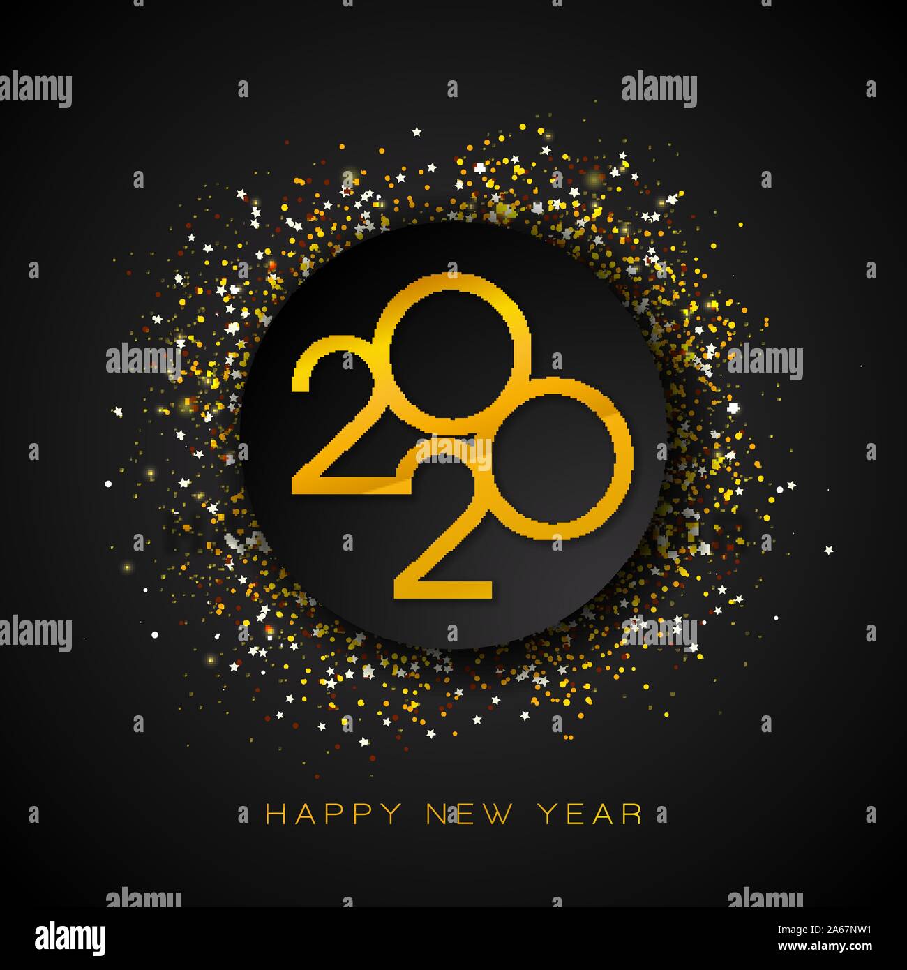 2020 Felice Anno Nuovo illustrazione con numero gold e la caduta di coriandoli su sfondo nero. Vettore design Vacanze per flyer, biglietto di auguri, banner Illustrazione Vettoriale