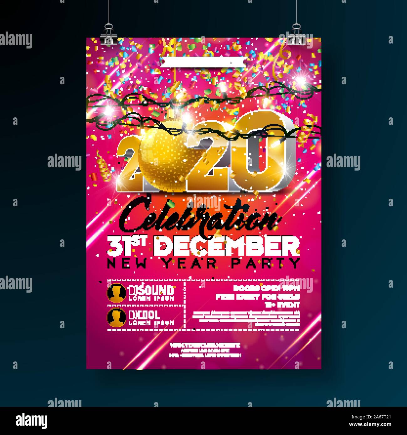 Festa di Capodanno celebrazione Poster illustrazione del modello con 3D 2020 Numero e caduta di coriandoli colorati su sfondo rosso. Vettore Premium per le vacanze Illustrazione Vettoriale