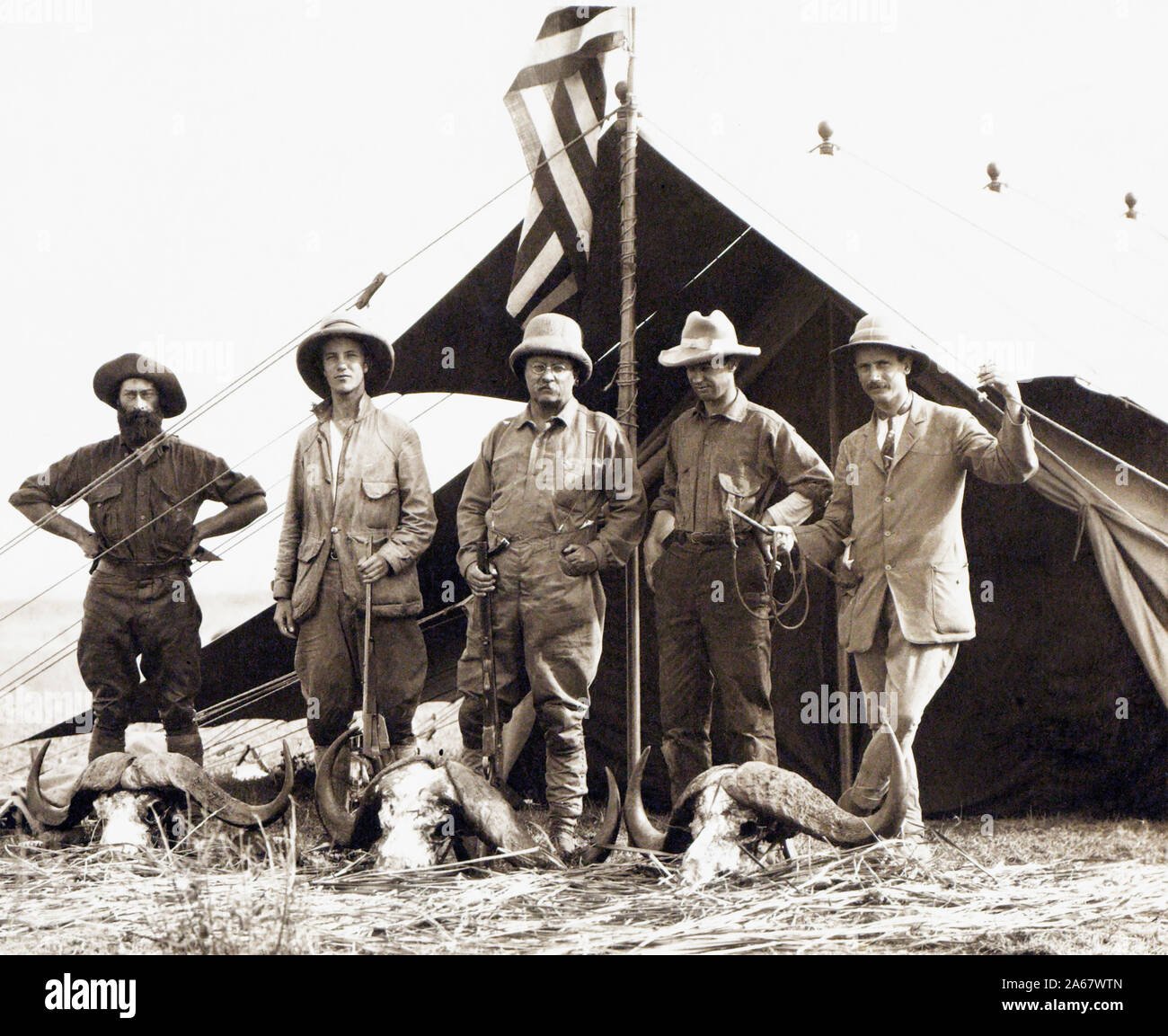 Ex U.S. Presidente Theodore Roosevelt (al centro) con L-R: Hunter R. J. Cunninghame, figlio Kermit Roosevelt, Edmund Heller e Hugh H. Heatley, piena lunghezza Ritratto in piedi con African Buffalo teschi mentre su estese Safari Africano, Smithsonian-Roosevelt spedizione africana, Kenya, Charles Scribner Sons, Luglio 1909 Foto Stock