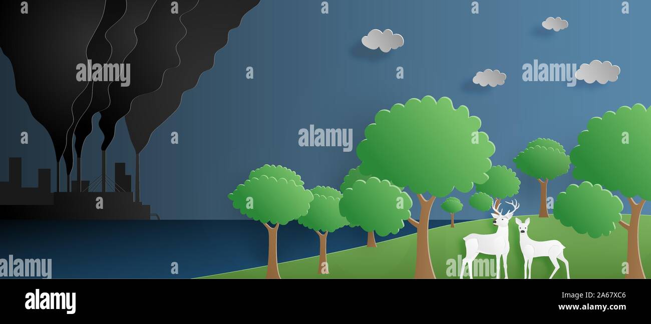 Ecologia e inquinamento ambientale concetto. Paesaggio con la fabbrica e i cervi nella foresta in carta tagliata stile. Illustrazione Vettoriale per poster, sfondo, b Illustrazione Vettoriale