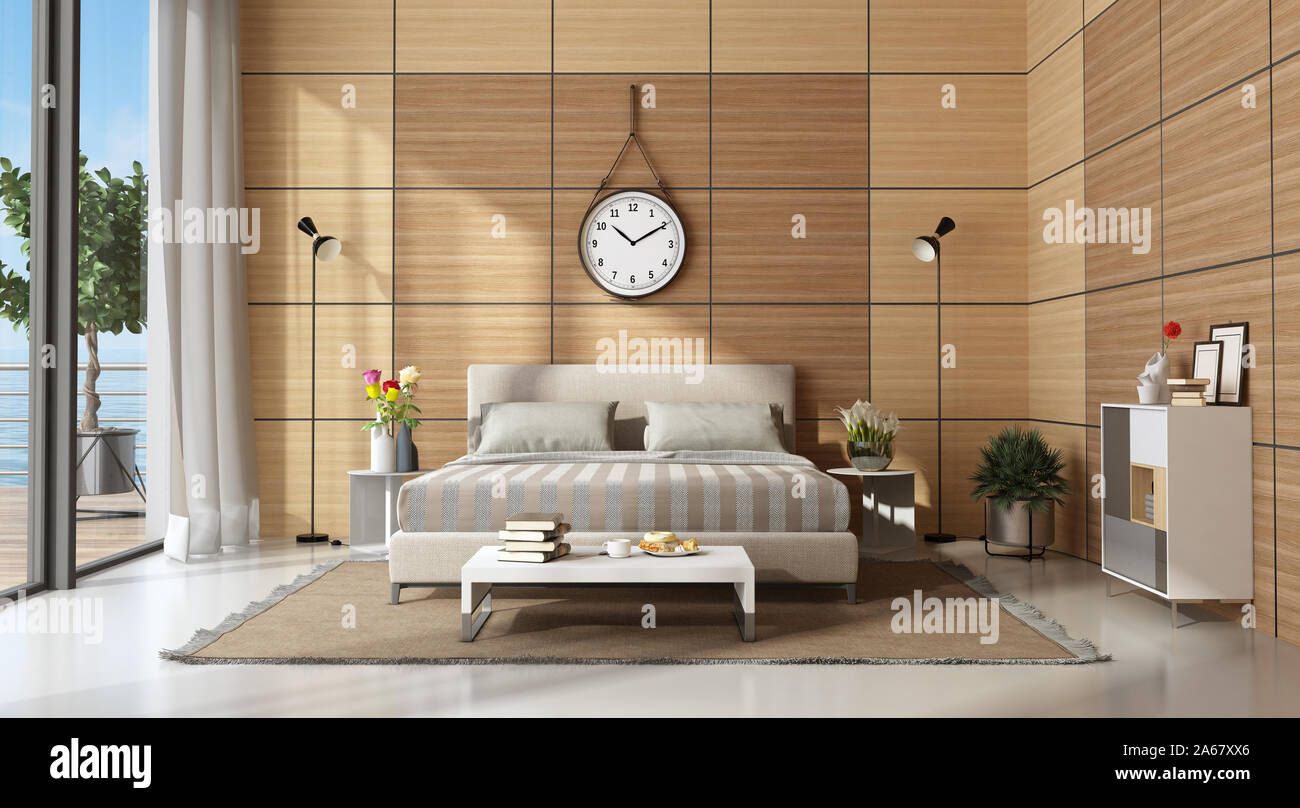 Mastre camera da letto con letto doppio contro la pannellatura in legno - 3d rendering Foto Stock