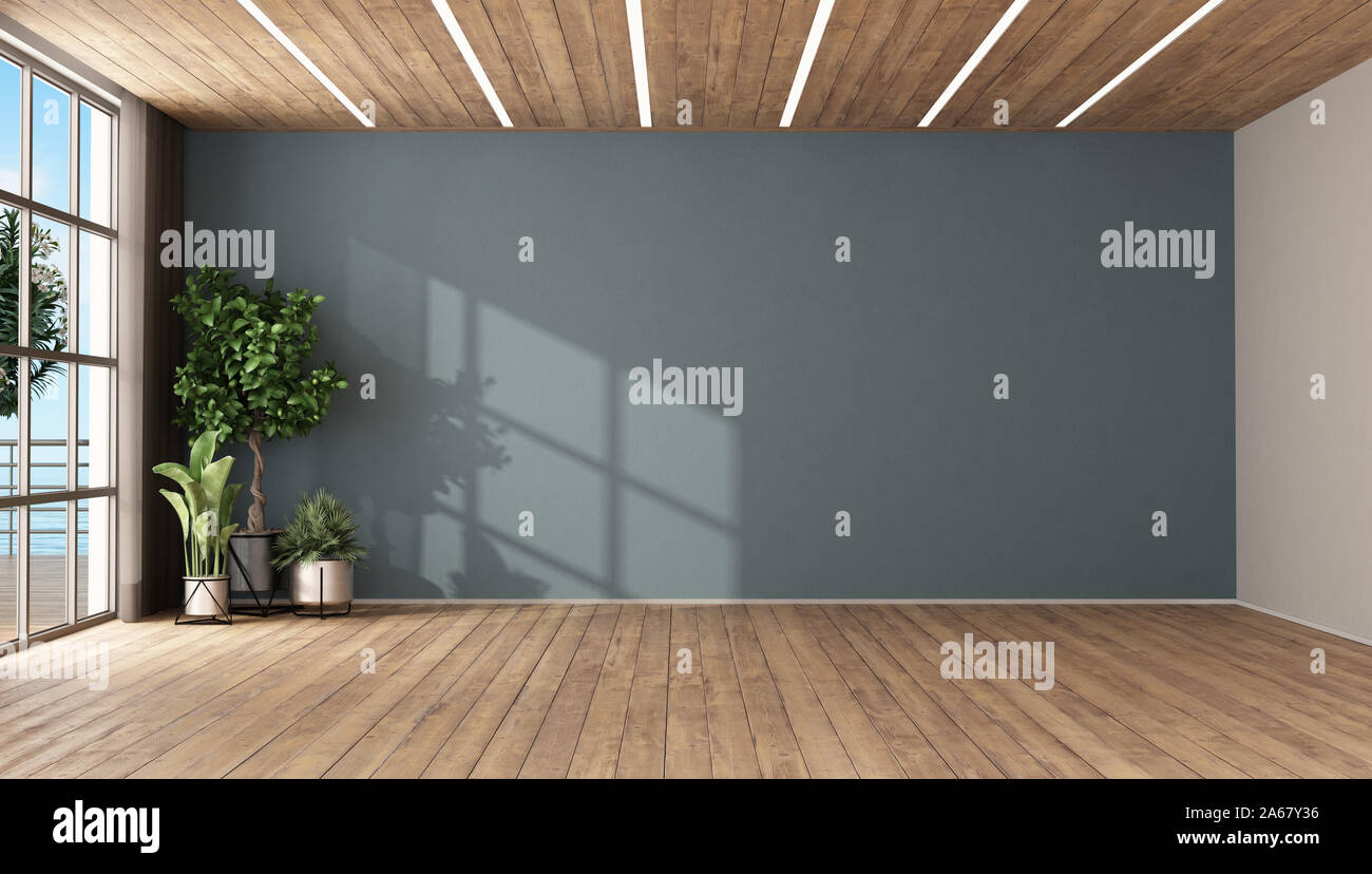 Stanza vuota con piante ,parete blu.soffitto in legno e led lighton soffitto in legno -3d rendering Foto Stock