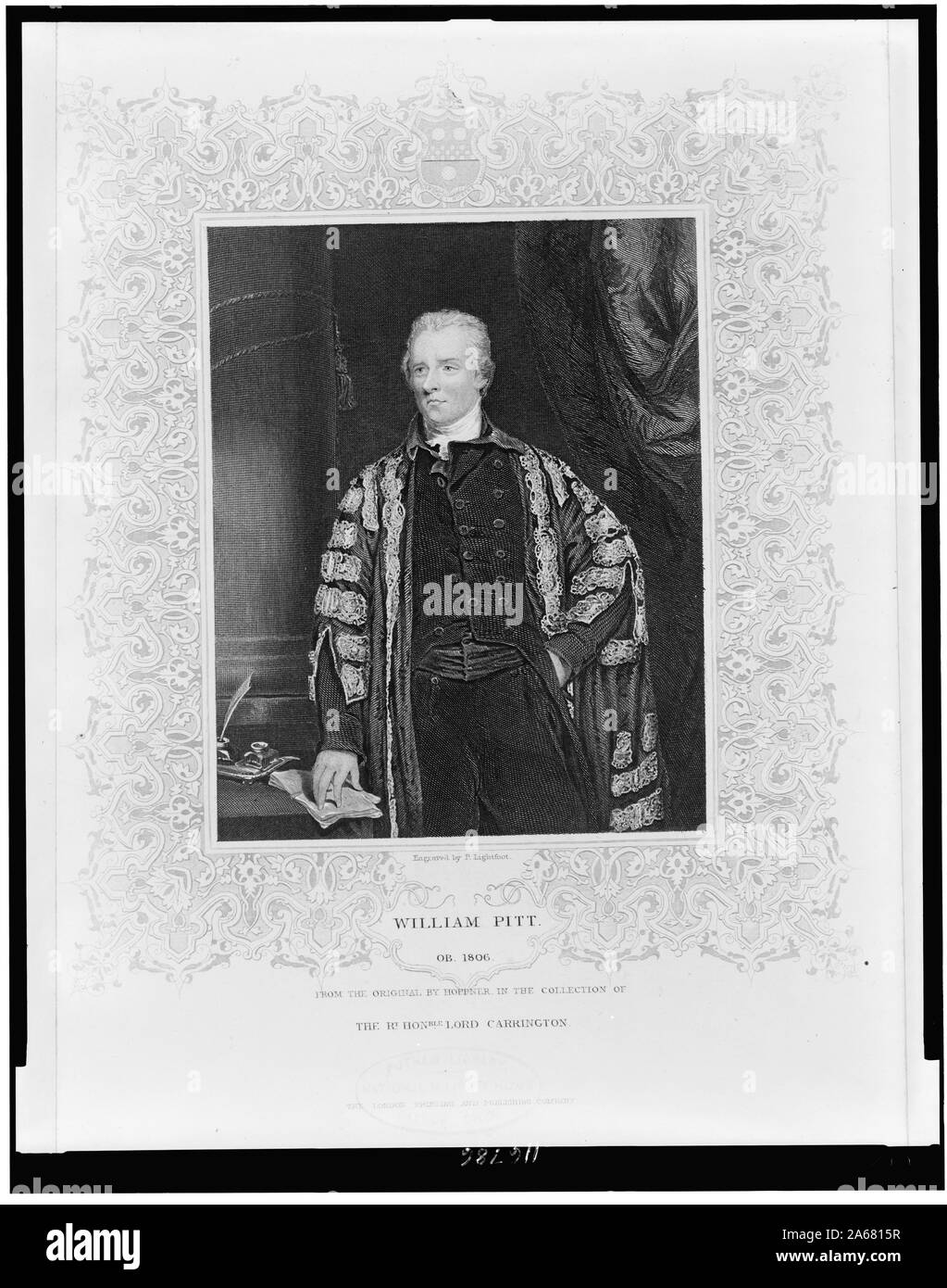 William Pitt dall'originale da Hoppner nella raccolta di Rt Hon'ble Lord Carrington / incisi da P. Lightfoot. Foto Stock