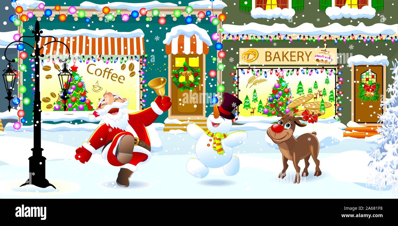 Gioiosa di Babbo Natale e Rudolph il cervo e il pupazzo di neve su una città nevoso street celebrano il Natale. Santa è in arrivo una campana di Natale. Illustrazione Vettoriale