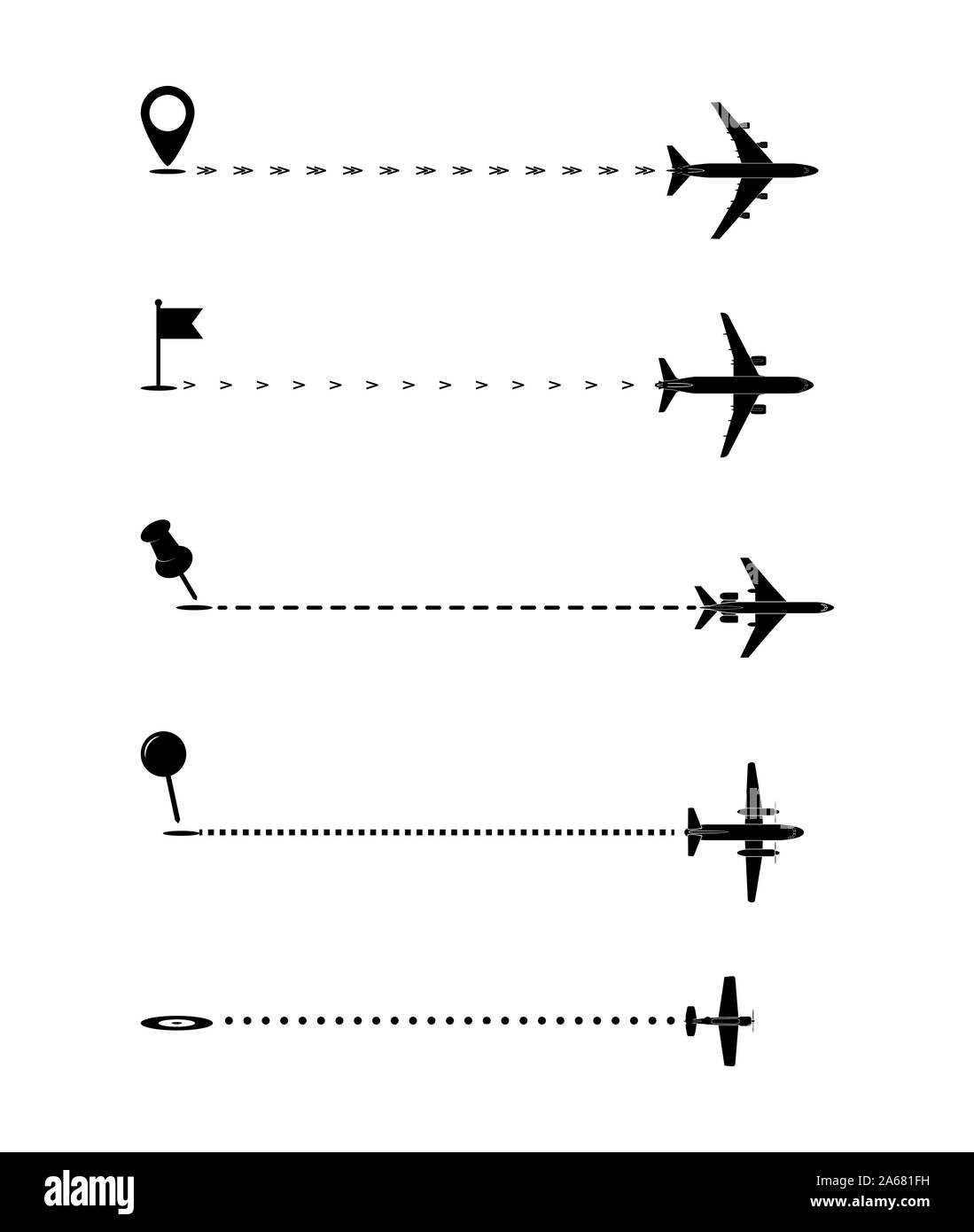 Il piano ha preso il via dalla sua destinazione. Aerei di volare a velocità differenti. Design piatto Illustrazione Vettoriale