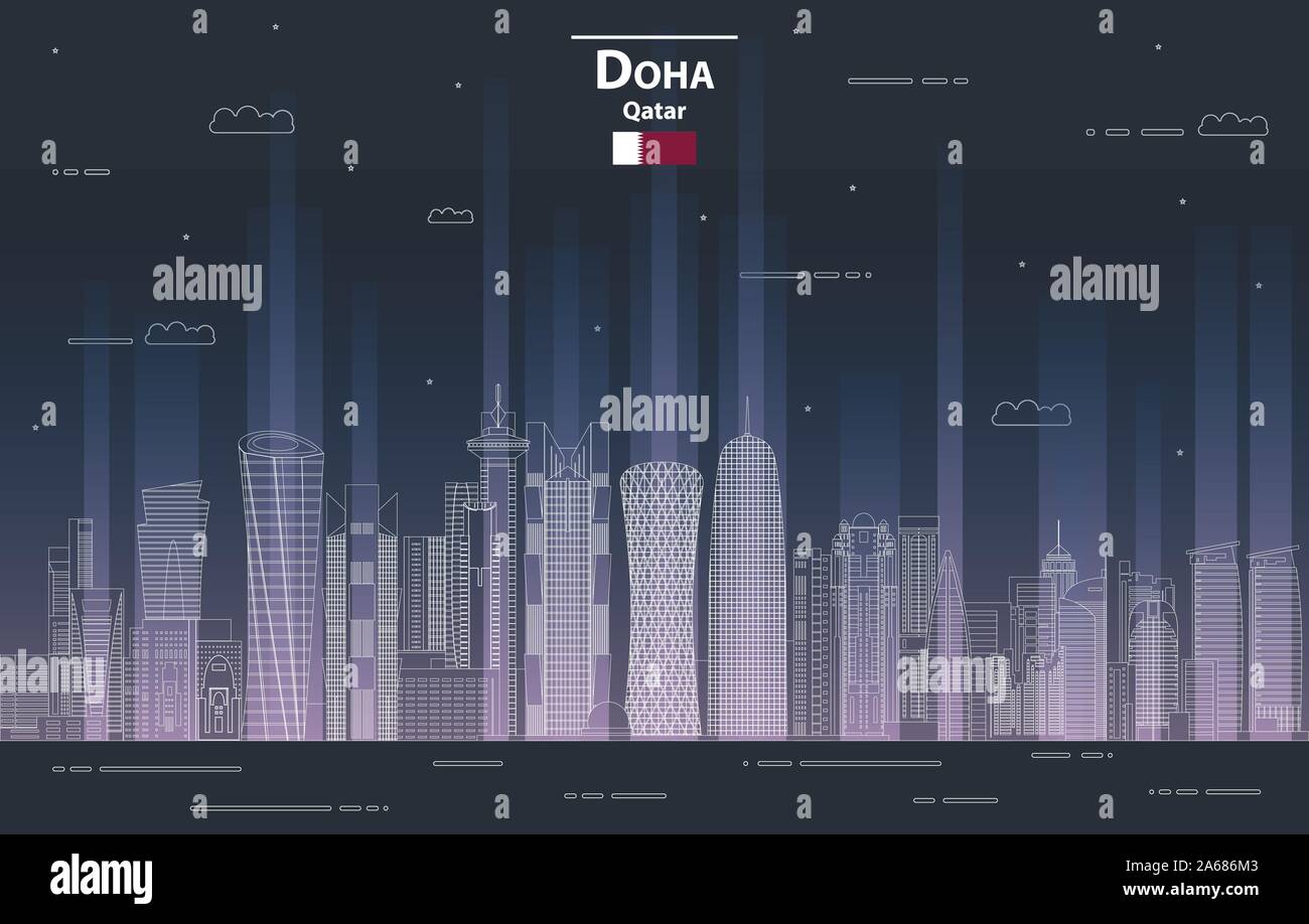 Doha cityscape di notte linea stile arte dettagliata illustrazione vettoriale Illustrazione Vettoriale