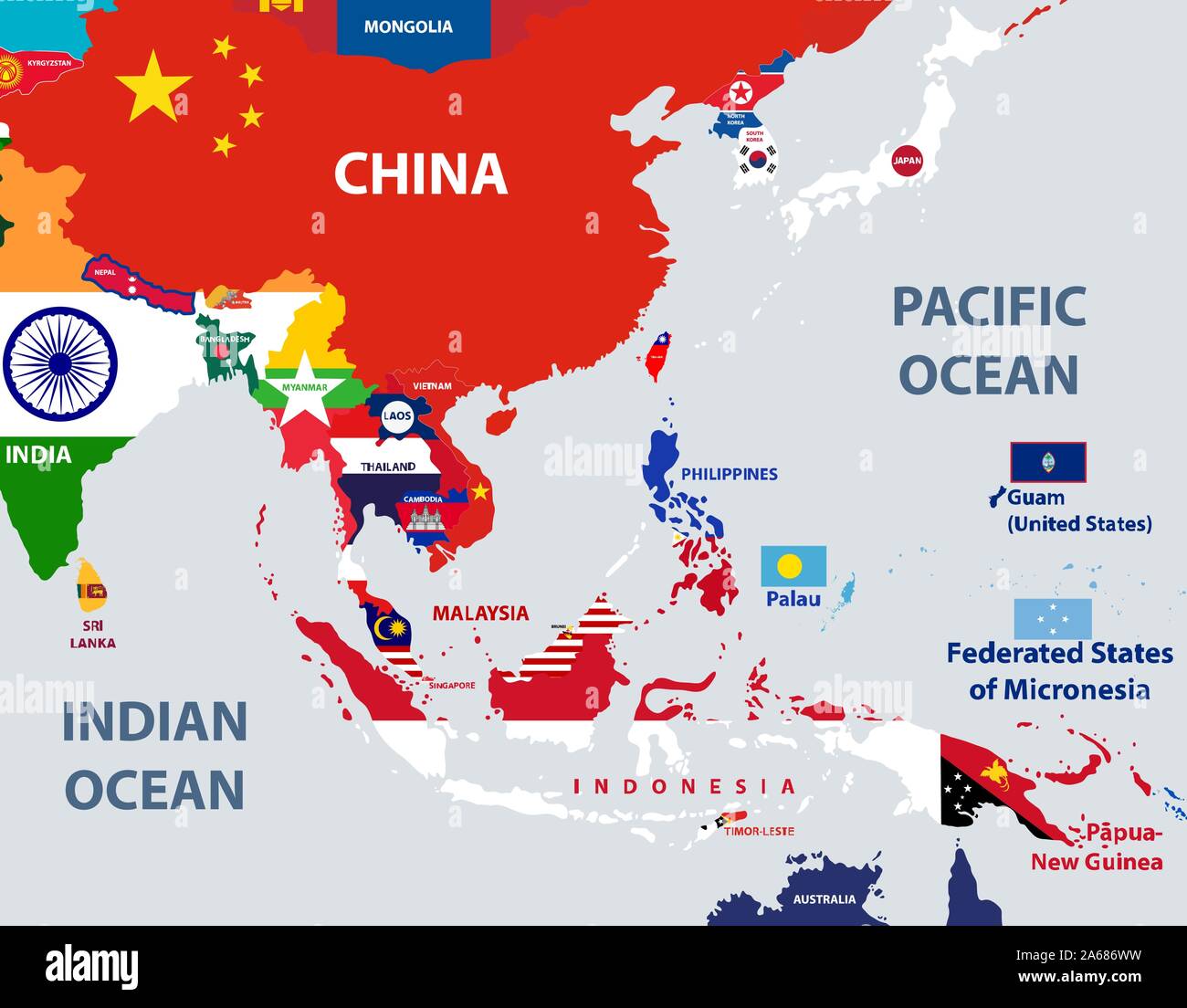 Mappa vettoriale dei paesi del sud-est asiatico mescolati con le loro bandiere nazionali Illustrazione Vettoriale