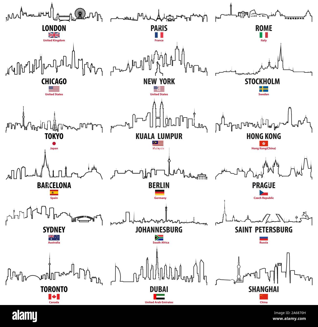 Profilo di vettore icone del mondo, città dall'alto con bandiere nazionali Illustrazione Vettoriale