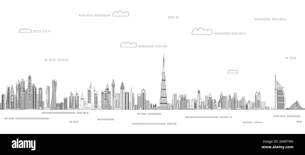 Dubai сityscape linea stile arte vettore illustrazione dettagliata. Sfondo di viaggio Illustrazione Vettoriale