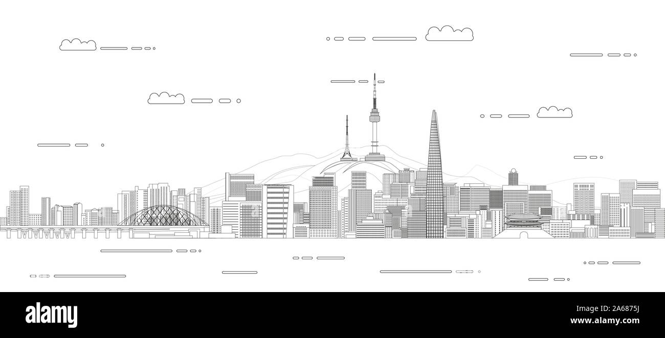 Vettore sfondo viaggio poster con Seoul City line stile arte illustrazione di contorno Illustrazione Vettoriale