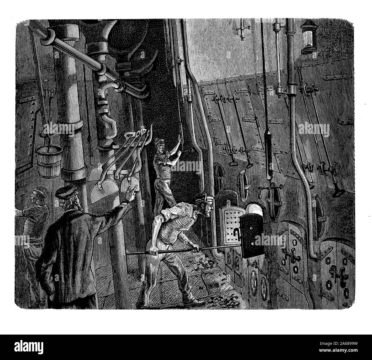 I marinai che lavorano in nave sala caldaia: l'acqua bollente produce vapore trasmessa alla camera del motore per l'alimentazione del recipiente. Foto Stock