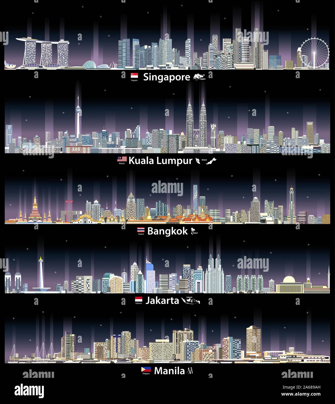 Illustrazione vettoriale di Singapore, Kuala Lumpur, Bangkok, Giacarta e Manila cityscapes di notte Illustrazione Vettoriale