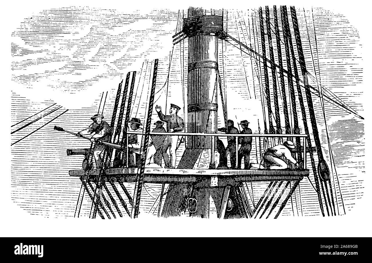 Soldati caricando il cannone superiore su una piattaforma sul montante principale di un uomo di guerra, potente nave da guerra o la fregata armata con il cannone e sospinta da vele. Foto Stock