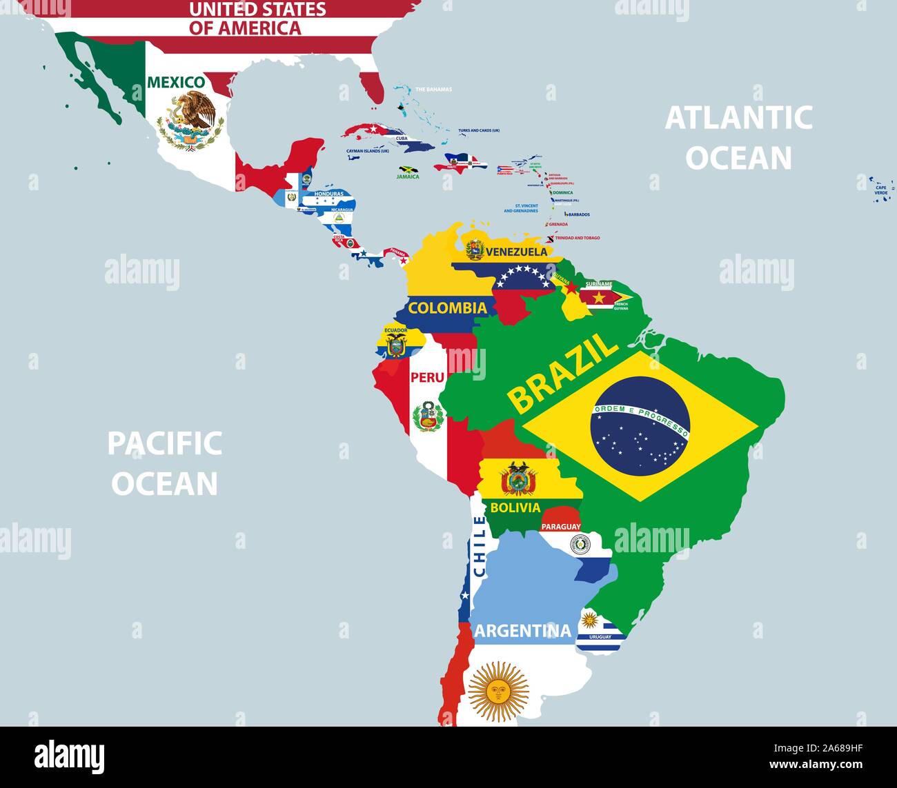 Il vettore parte della mappa del mondo con regione di paesi latino-americani miscelati con le loro bandiere nazionali Illustrazione Vettoriale