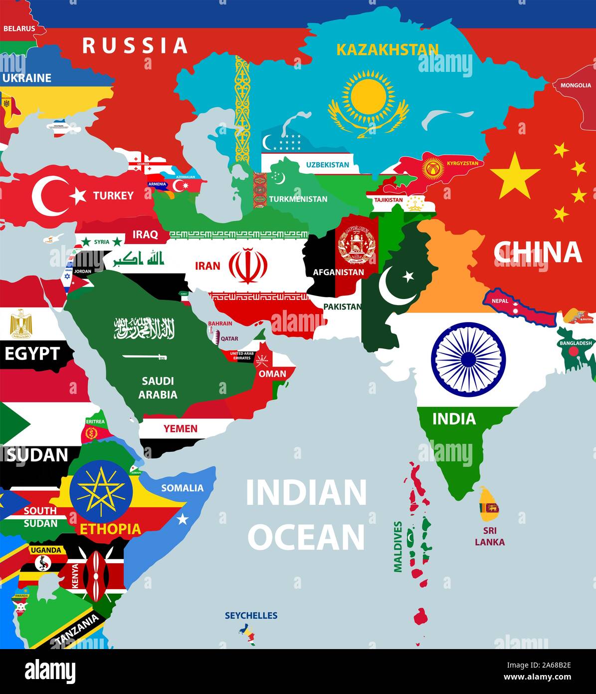 Il vettore parte della mappa del mondo con ovest Asia, l'Europa orientale, arabo e dei paesi del nord Africa miscelato con le loro bandiere nazionali Illustrazione Vettoriale