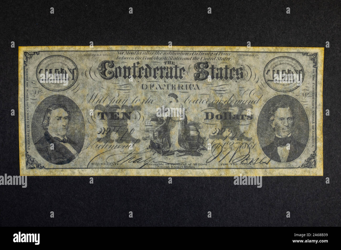 Una replica del 1861 dieci dollaro ($ 10) Banca nota da Stati Confederati d'America (1861-65) Foto Stock