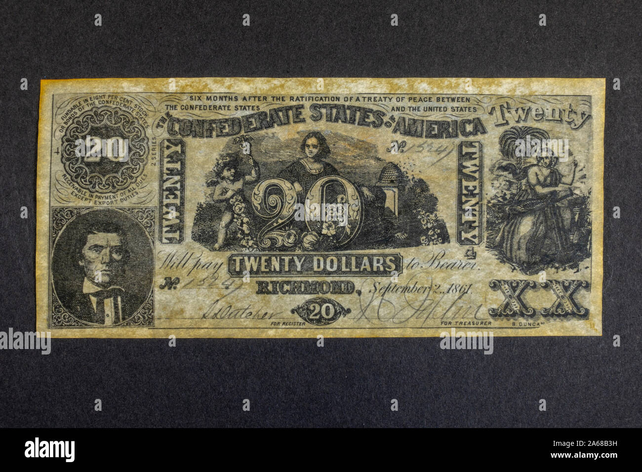 Una replica del 1861 venti dollaro ($ 20) Banca nota da Stati Confederati d'America (1861-65) Foto Stock