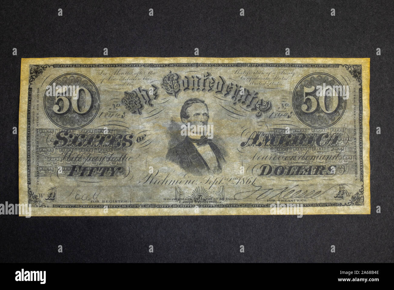 Una replica del 1861 cinquanta dollari ($50) Banca nota da Stati Confederati d'America (1861-65) Foto Stock