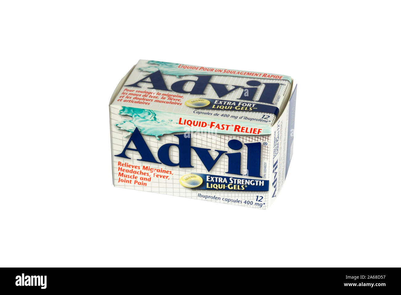 Una scatola di Advil Ibuprofen capsule. Advil è un nome commerciale di ibuprofene, un farmaco antiinfiammatorio non steroideo. Foto Stock