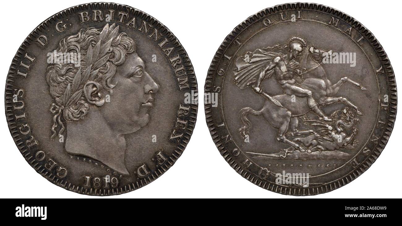 Gran Bretagna British moneta d'argento 1 una corona 1819, Laureate capo del re George III DIRITTO, San Giorgio a cavallo di uccidere il male dragon Foto Stock
