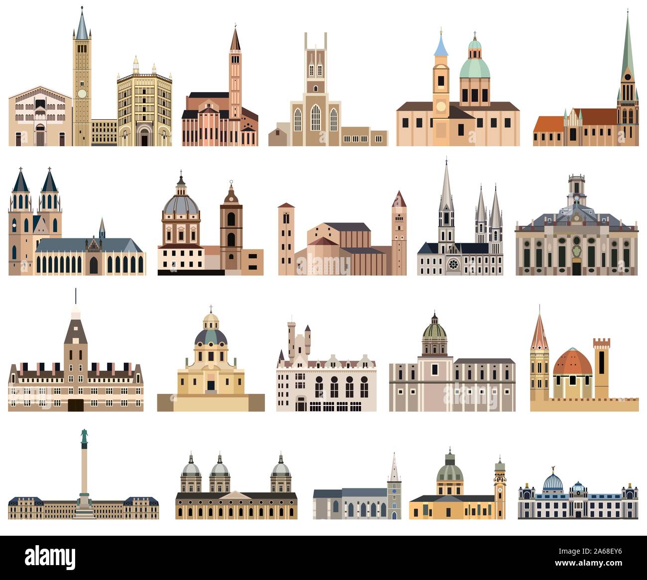 Vettore Collezione di alta isolata dettagliate city hall, punti di riferimento, cattedrali, templi, chiese, palazzi e altri skyline della citta' di eleme architettonico Illustrazione Vettoriale