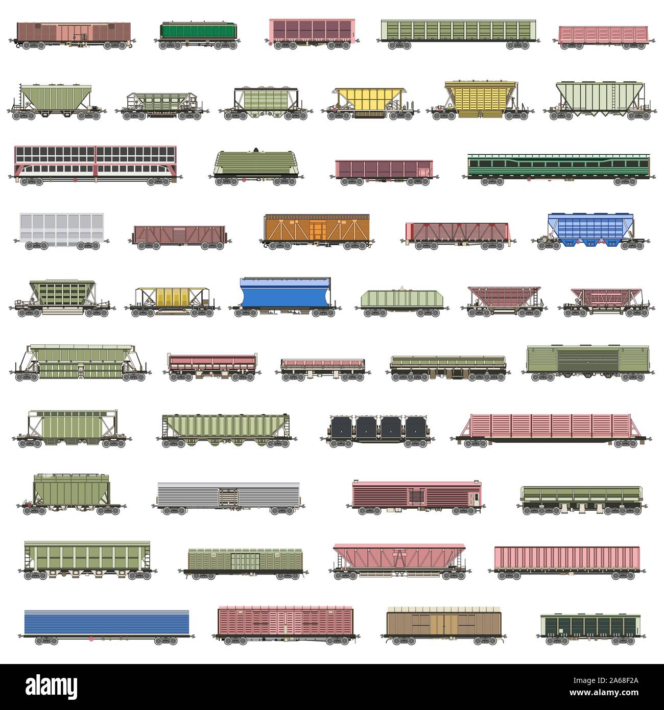 Set di vettore isolate di convogli ferroviari, railcars, carri, furgoni Illustrazione Vettoriale